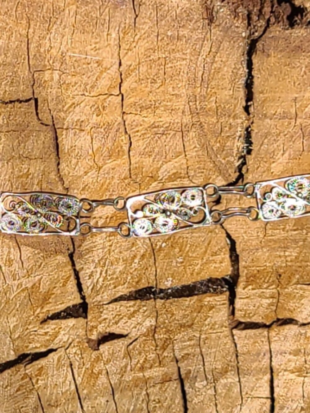 Vintage Silver Filigree Wire Link Panel Bracelet 7"